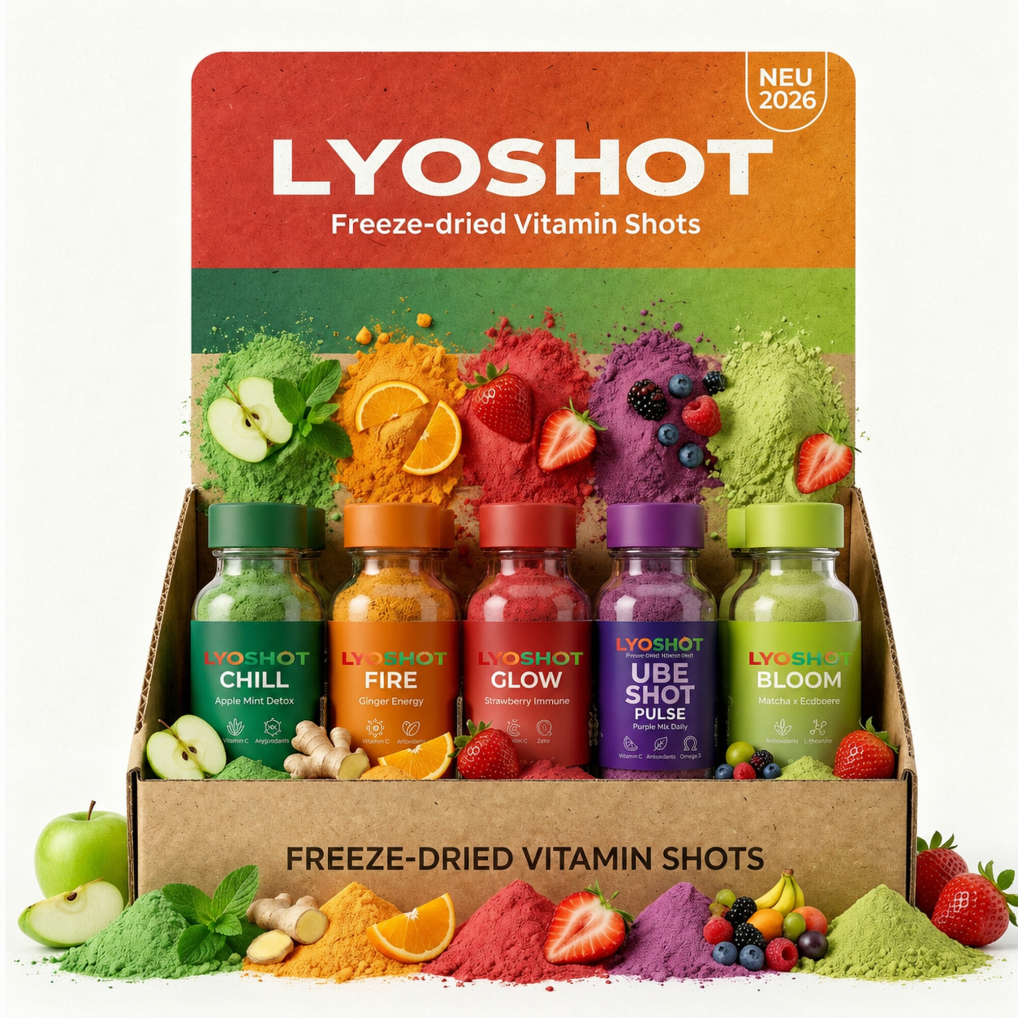 LYOSHOT POS-Display mit allen 5 Sorten – bereit für den Point of Sale